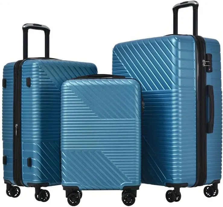 3 Piece Blue Hardshell Luggage Sets, Suitcase With Double Spinner 8 Wheels, Travel Trolley Case With TSA Lock Lightweight 20''24''28''