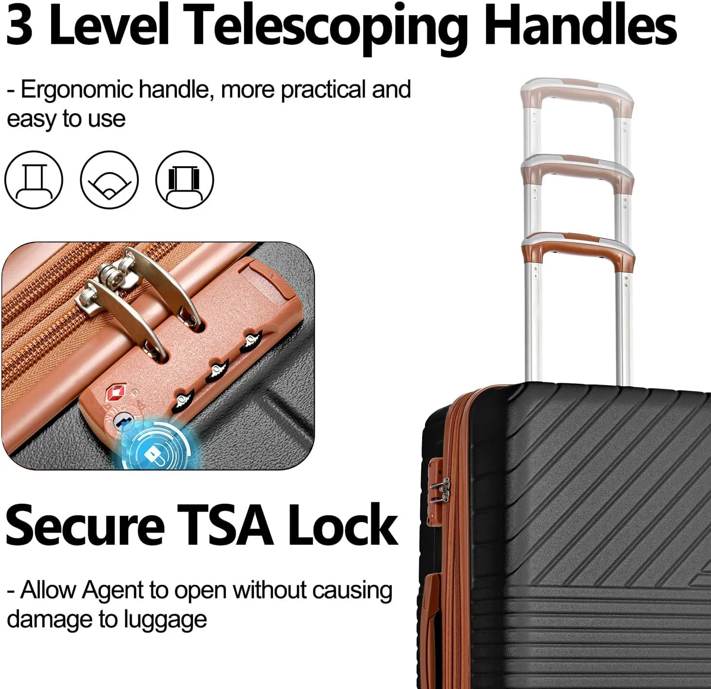3 Piece Hardshell Luggage Sets, Double Spinner 8 Wheels Suitcase with TSA Lock Lightweight 20''24''28'' (Black Brown)