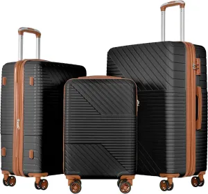 3 Piece Hardshell Luggage Sets, Double Spinner 8 Wheels Suitcase with TSA Lock Lightweight 20''24''28'' (Black Brown)