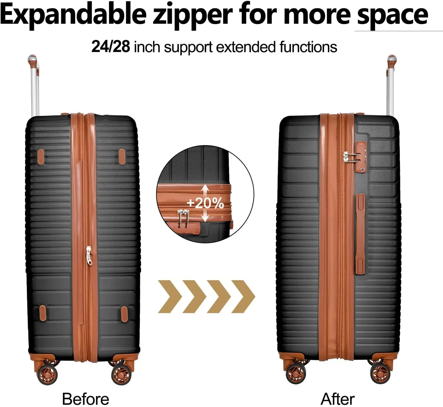 3 Piece Hardshell Luggage Sets, Double Spinner 8 Wheels Suitcase with TSA Lock Lightweight 20''24''28'' (Black Brown)