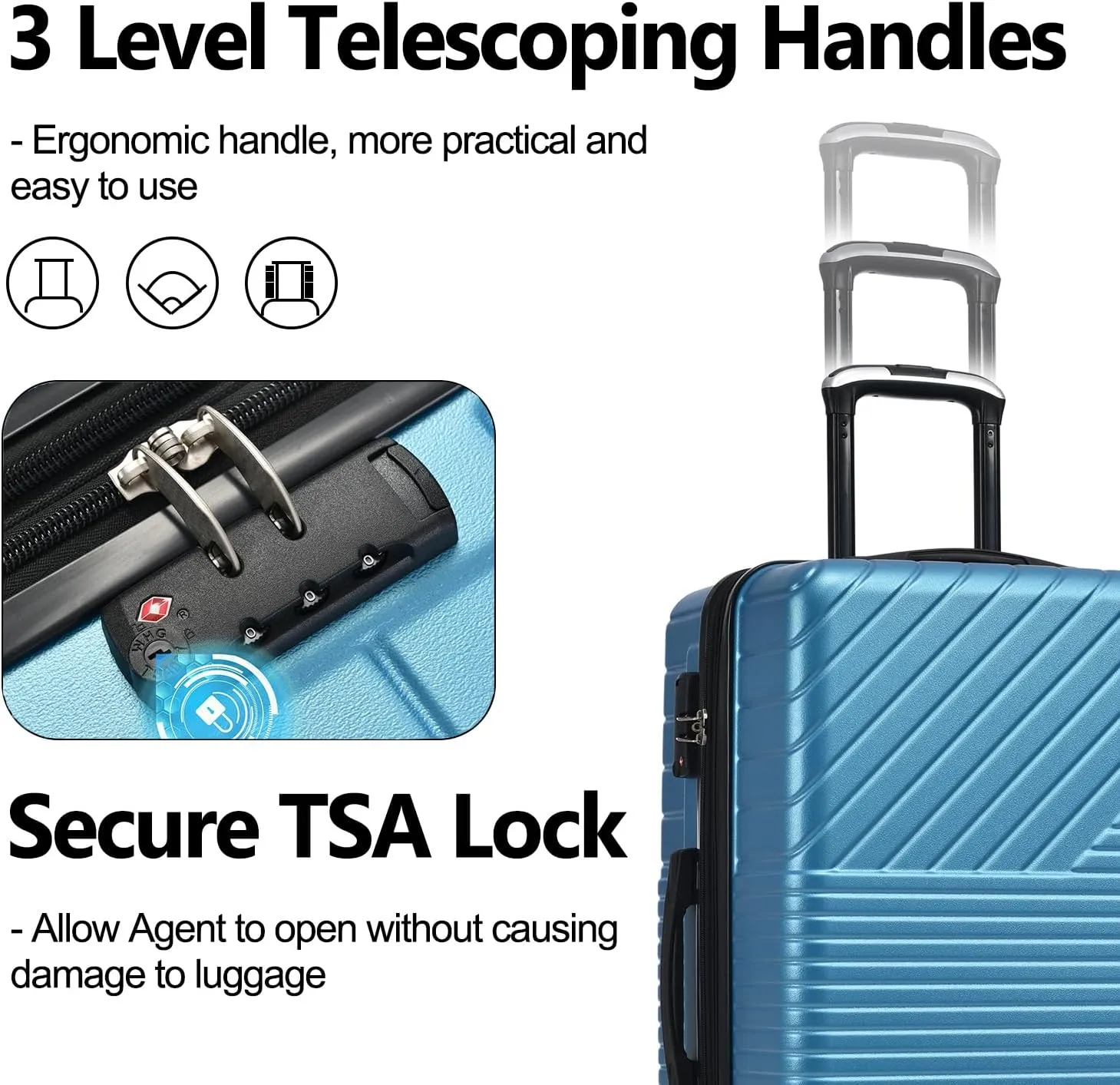 3 Piece Hardshell Luggage Sets, Double Spinner 8 Wheels Suitcase with TSA Lock Lightweight 20''24''28'' (Blue)