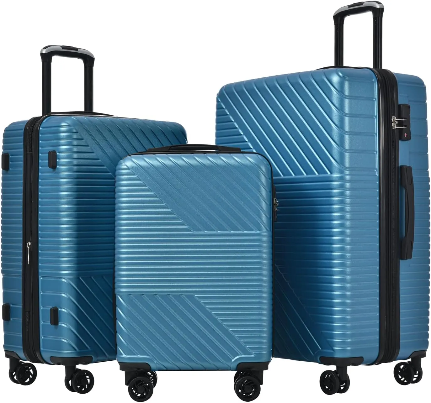 3 Piece Hardshell Luggage Sets, Double Spinner 8 Wheels Suitcase with TSA Lock Lightweight 20''24''28'' (Blue)