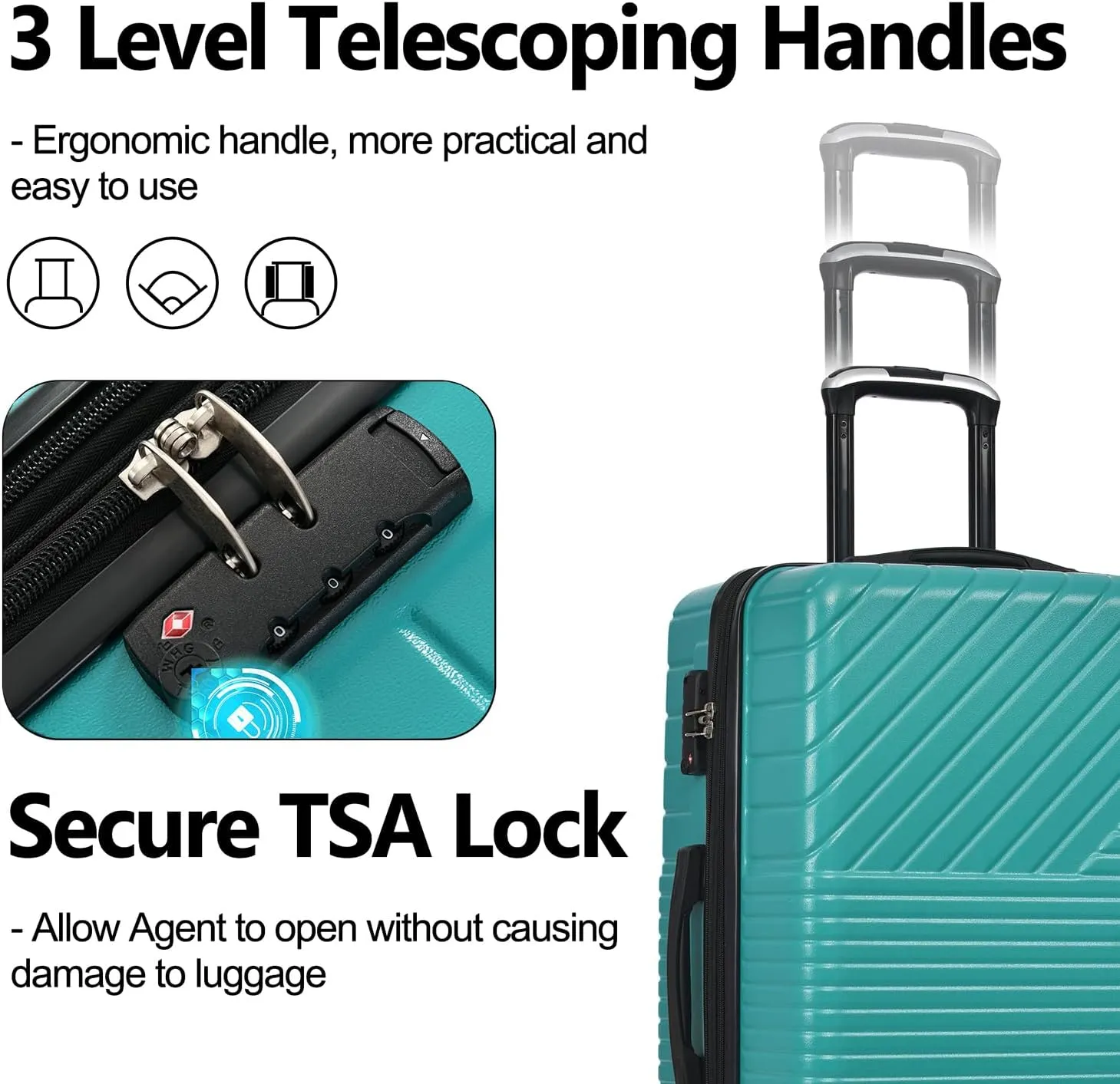 3 Piece Hardshell Luggage Sets, Double Spinner 8 Wheels Suitcase with TSA Lock Lightweight 20''24''28'' (Green)