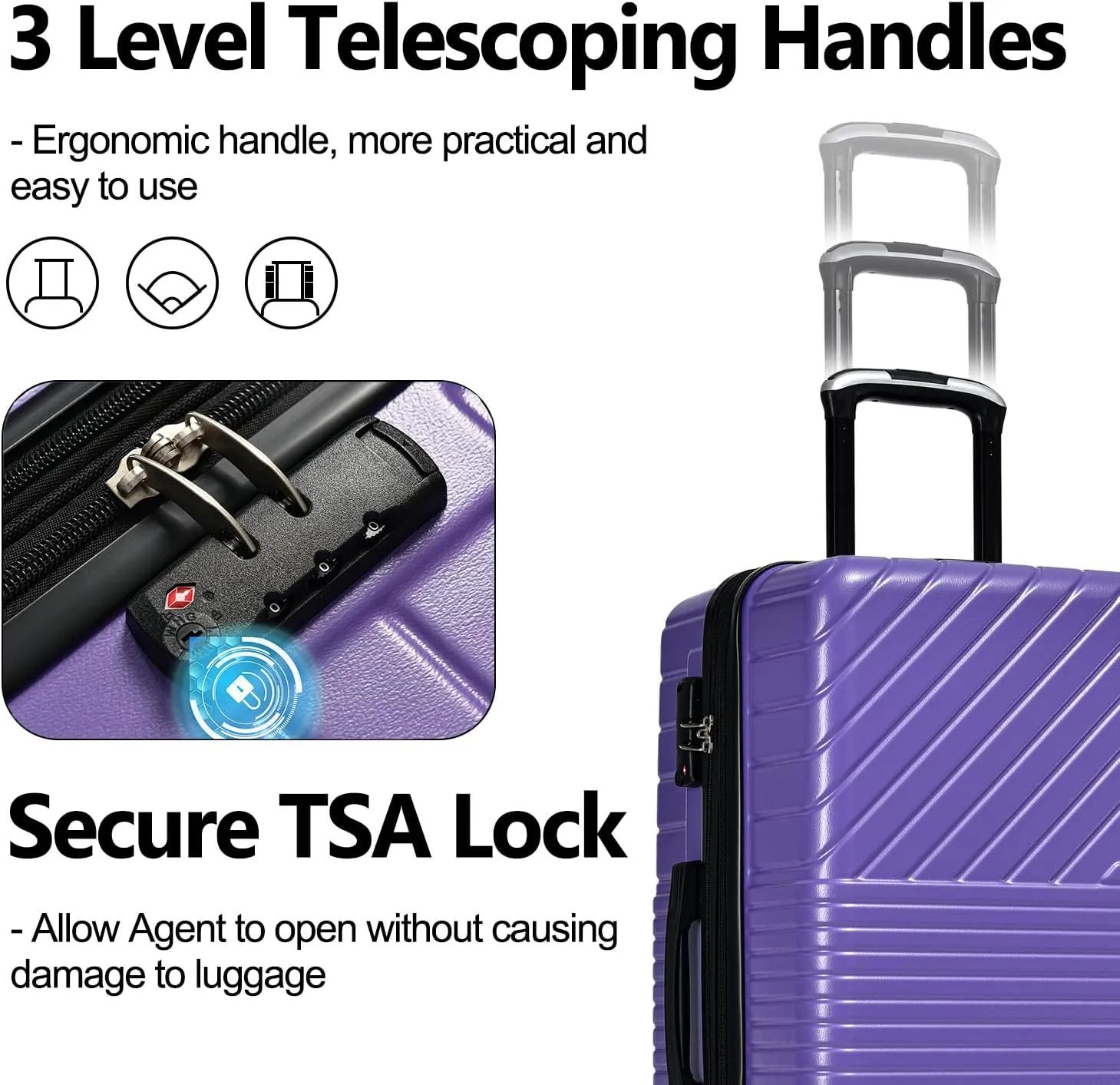 3 Piece Hardshell Luggage Sets, Double Spinner 8 Wheels Suitcase with TSA Lock Lightweight 20''24''28'' (Purple)
