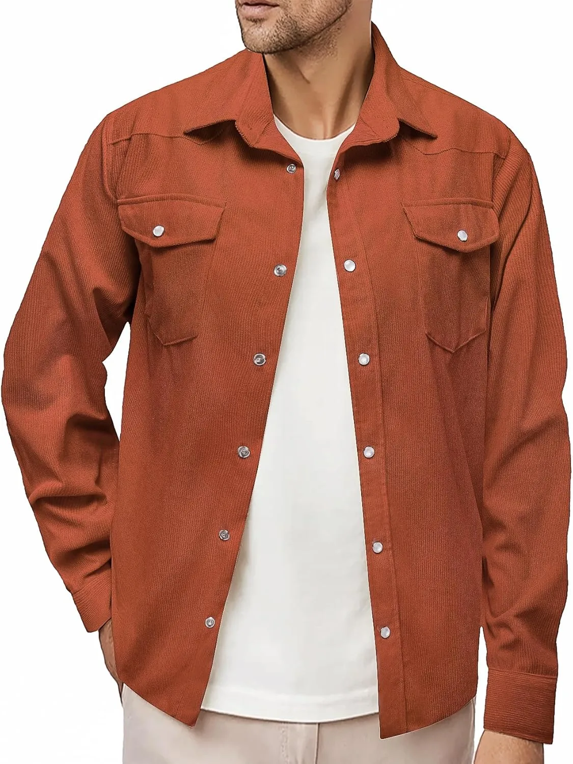 Barry.Wang Mens Corduroy Jacket Shirts Cowboy Lightweight Wrangler Field Western Casual Long Sleeve 2 Flap Pockets