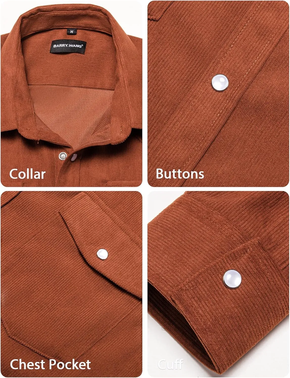 Barry.Wang Mens Corduroy Jacket Shirts Cowboy Lightweight Wrangler Field Western Casual Long Sleeve 2 Flap Pockets