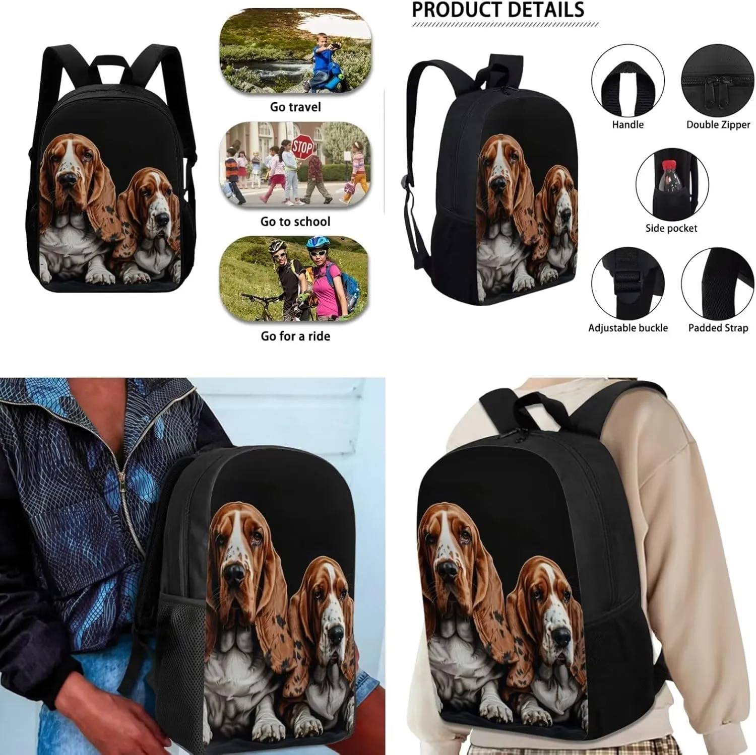 Basset Hound Printed School Backpack Set Large Capacity Backpack and Lunch Bag Set with Pencil Case Set of 3, Lightweight Schoolbag Bookbag Set for Boys Girls Teens