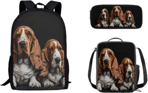 Basset Hound Printed School Backpack Set Large Capacity Backpack and Lunch Bag Set with Pencil Case Set of 3, Lightweight Schoolbag Bookbag Set for Boys Girls Teens