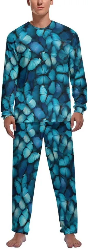 Blue Butterfly Mens Pajamas Set Long Sleeves Sleepwear Loungewear PJ Set Lounge Set Sleep Set
