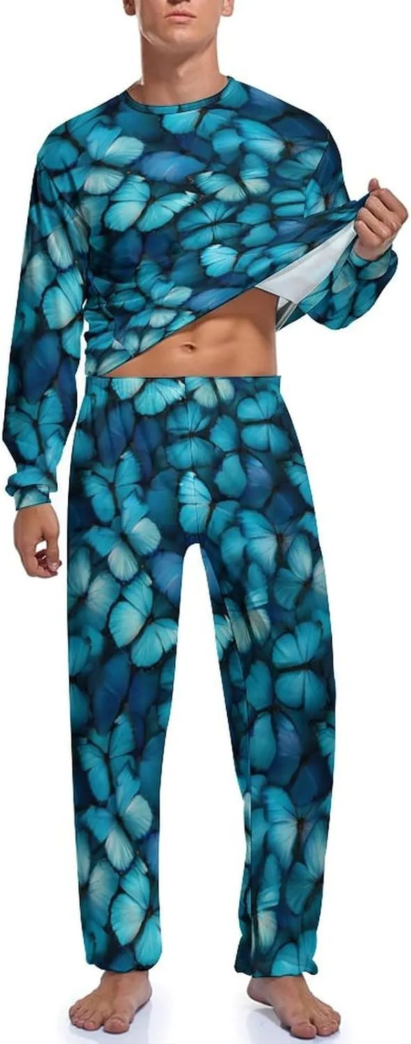 Blue Butterfly Mens Pajamas Set Long Sleeves Sleepwear Loungewear PJ Set Lounge Set Sleep Set