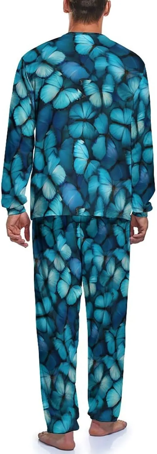 Blue Butterfly Mens Pajamas Set Long Sleeves Sleepwear Loungewear PJ Set Lounge Set Sleep Set