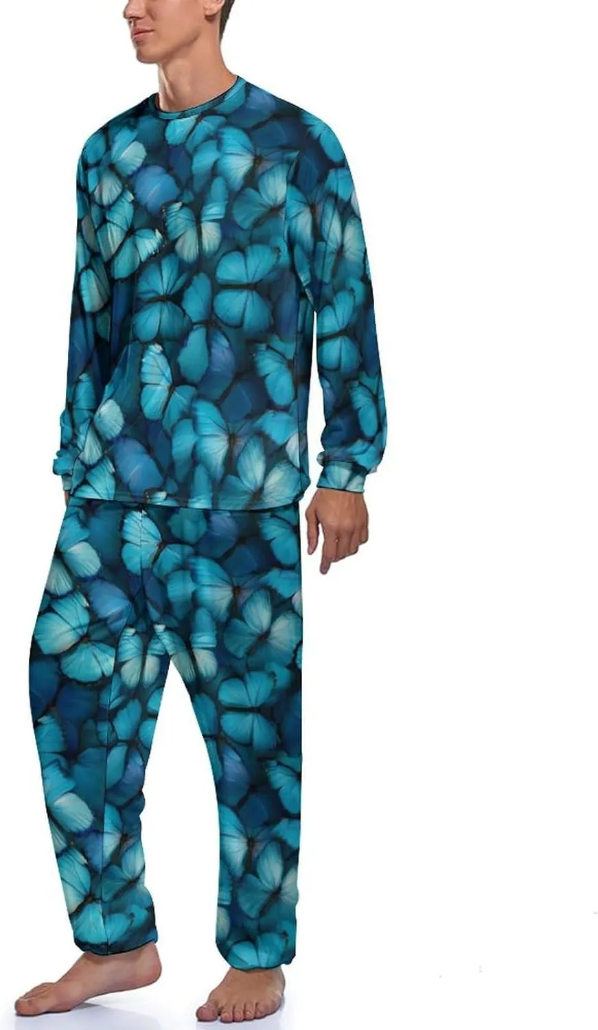 Blue Butterfly Mens Pajamas Set Long Sleeves Sleepwear Loungewear PJ Set Lounge Set Sleep Set