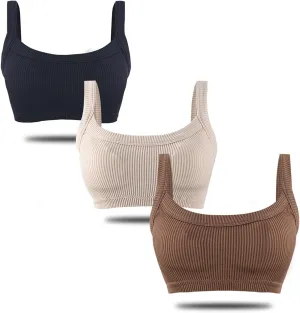 Bra Top for Women Seamless Padded Bralette 3 Pack Ribbed Square Neck Wirefree Lounge Bra