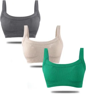 Bra Top for Women Seamless Padded Bralette 3 Pack Ribbed Square Neck Wirefree Lounge Bra