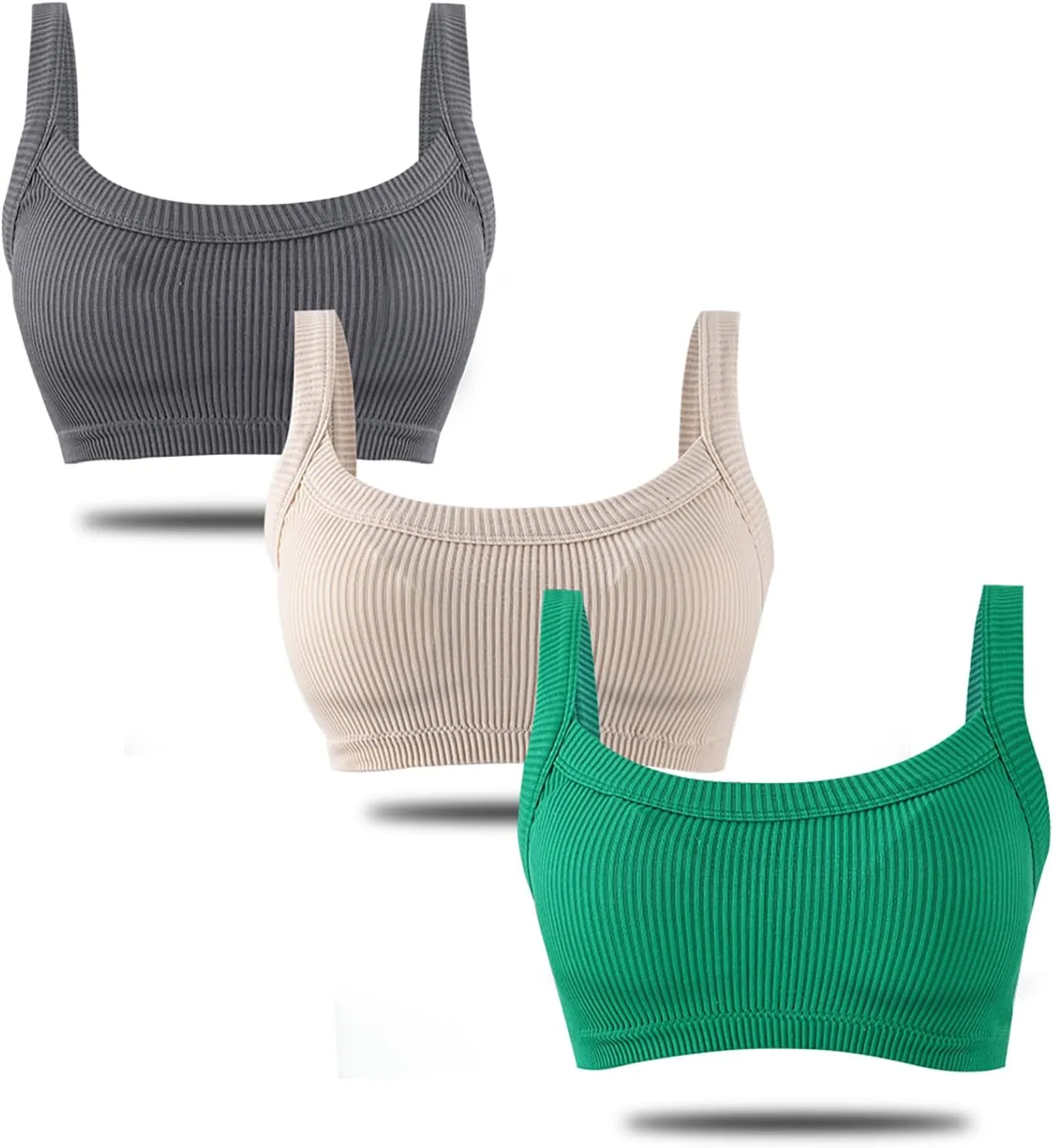 Bra Top for Women Seamless Padded Bralette 3 Pack Ribbed Square Neck Wirefree Lounge Bra