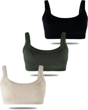 Bra Top for Women Seamless Padded Bralette 3 Pack Ribbed Square Neck Wirefree Lounge Bra