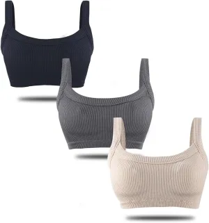 Bra Top for Women Seamless Padded Bralette 3 Pack Ribbed Square Neck Wirefree Lounge Bra