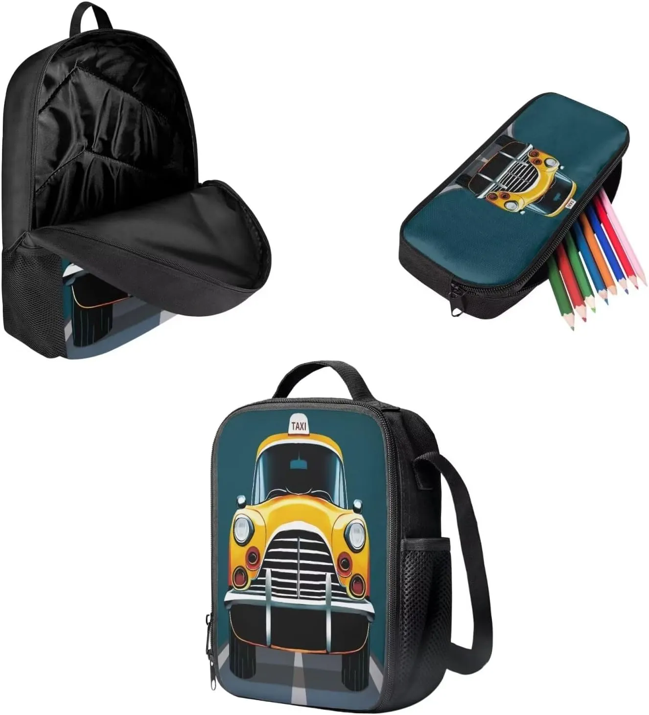 Cartoon Car Backpack Set 3 Pieces Set School Backpack with Reusable Lunch Box Tote Bag Pencil Case 3 Piece Set Lightweight Schoolbag Travel Daypack Set