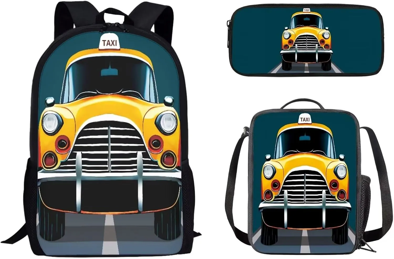 Cartoon Car Backpack Set 3 Pieces Set School Backpack with Reusable Lunch Box Tote Bag Pencil Case 3 Piece Set Lightweight Schoolbag Travel Daypack Set