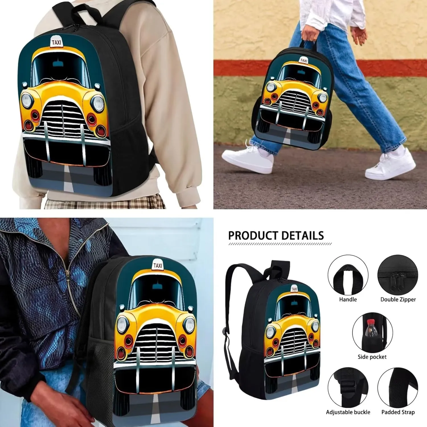 Cartoon Car Backpack Set 3 Pieces Set School Backpack with Reusable Lunch Box Tote Bag Pencil Case 3 Piece Set Lightweight Schoolbag Travel Daypack Set