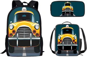 Cartoon Car Backpack Set 3 Pieces Set School Backpack with Reusable Lunch Box Tote Bag Pencil Case 3 Piece Set Lightweight Schoolbag Travel Daypack Set