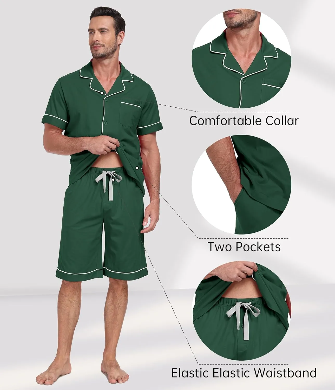 CF Mens 100% Cotton Pajamas Set Summer Shorts Set Button Down Pjs Set Soft Short Sleeve Lounge Set with Pockets & Front Fly