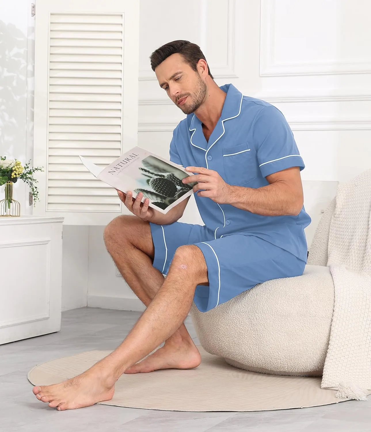 CF Mens 100% Cotton Pajamas Set Summer Shorts Set Button Down Pjs Set Soft Short Sleeve Lounge Set with Pockets & Front Fly
