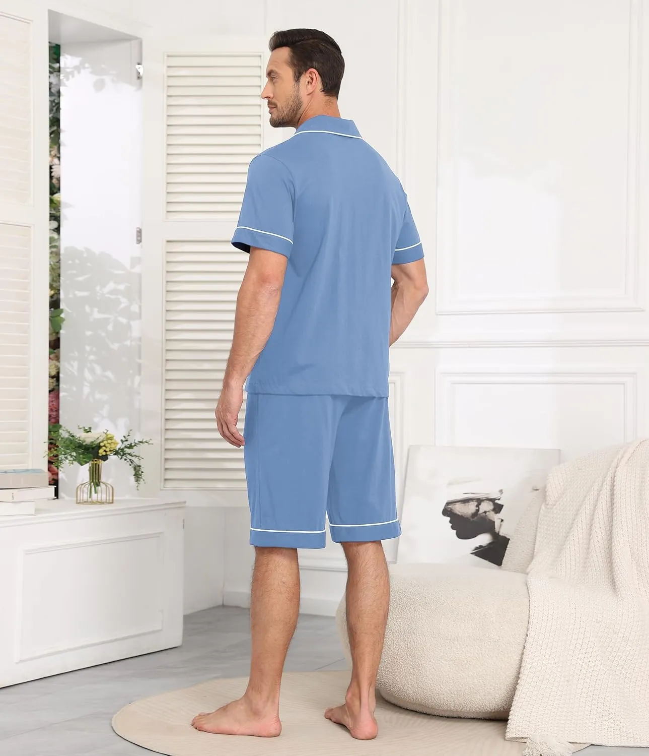 CF Mens 100% Cotton Pajamas Set Summer Shorts Set Button Down Pjs Set Soft Short Sleeve Lounge Set with Pockets & Front Fly