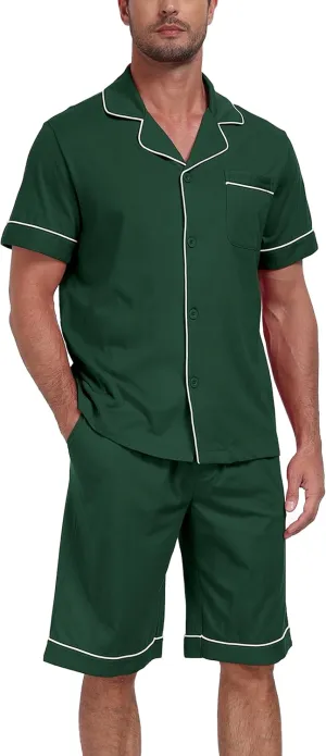 CF Mens 100% Cotton Pajamas Set Summer Shorts Set Button Down Pjs Set Soft Short Sleeve Lounge Set with Pockets & Front Fly