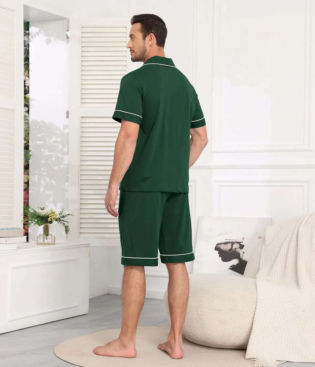 CF Mens 100% Cotton Pajamas Set Summer Shorts Set Button Down Pjs Set Soft Short Sleeve Lounge Set with Pockets & Front Fly