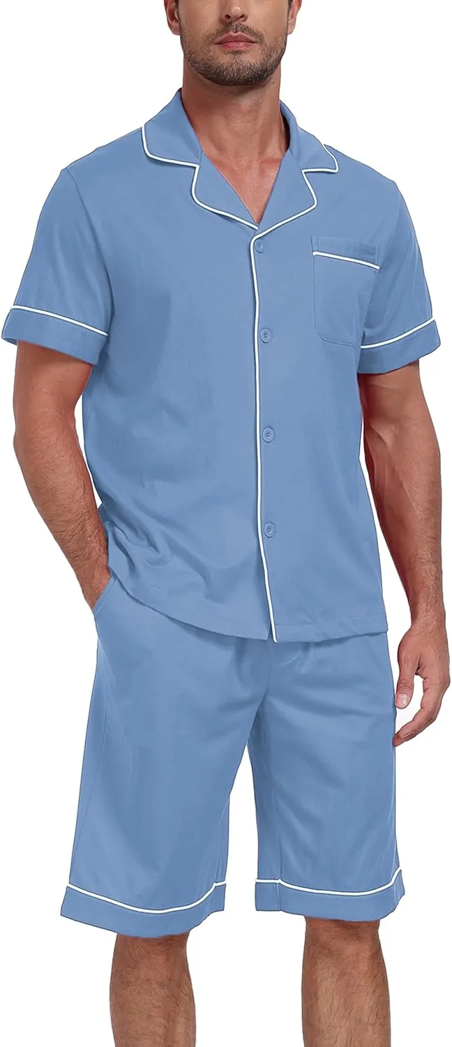 CF Mens 100% Cotton Pajamas Set Summer Shorts Set Button Down Pjs Set Soft Short Sleeve Lounge Set with Pockets & Front Fly