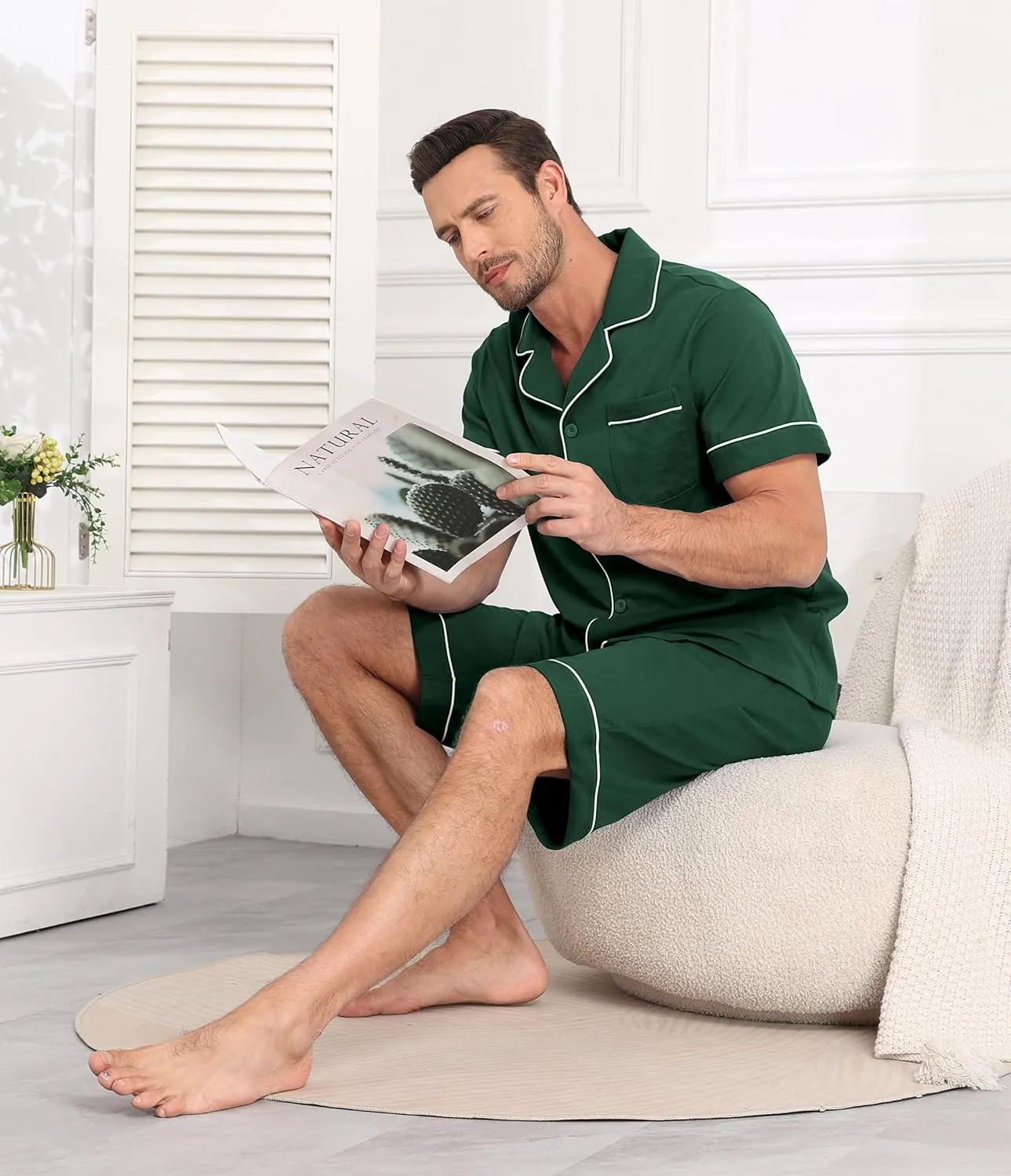 CF Mens 100% Cotton Pajamas Set Summer Shorts Set Button Down Pjs Set Soft Short Sleeve Lounge Set with Pockets & Front Fly