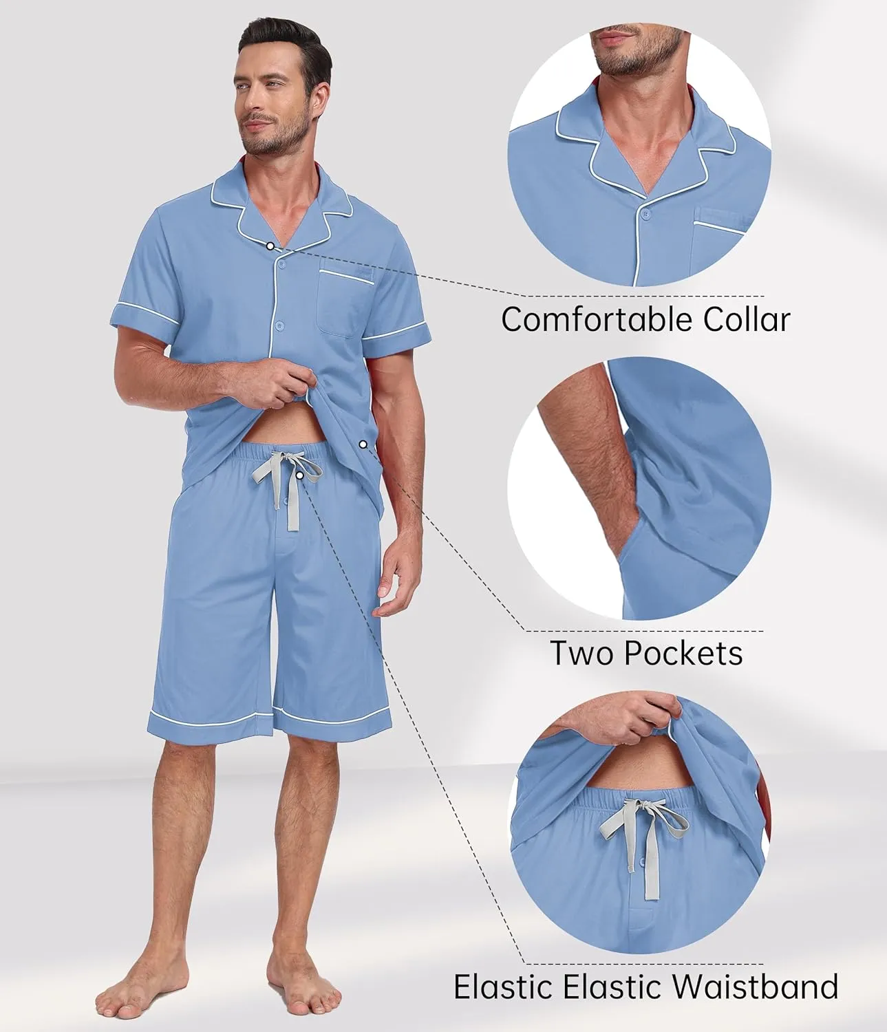 CF Mens 100% Cotton Pajamas Set Summer Shorts Set Button Down Pjs Set Soft Short Sleeve Lounge Set with Pockets & Front Fly