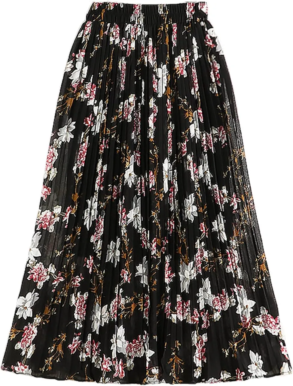Chiffon Pleated Skirt for Women Spring Summer Vintage Floral Print Beach High Waist Midi Skirt