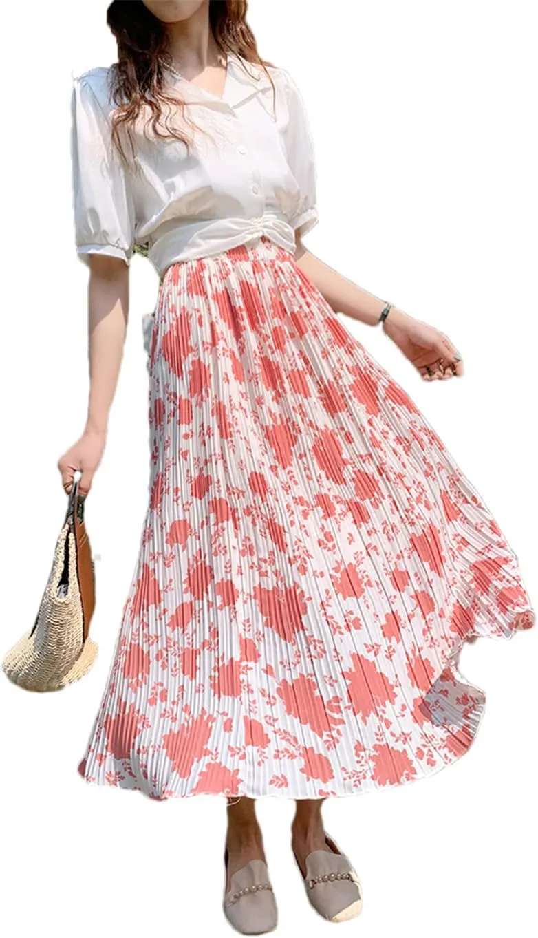 Chiffon Pleated Skirt Women Spring Summer Floral Print A Line High Waist Midi Long Skirt