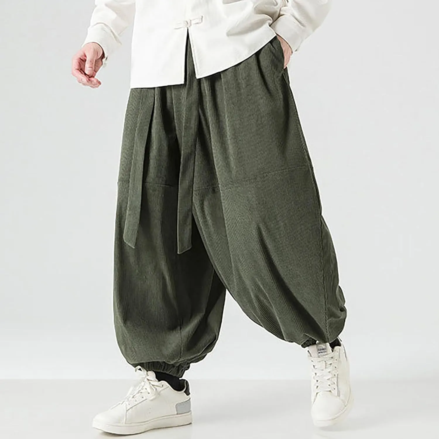Corduroy Pants Men Baggy Drop Crotch Hippie Harem Pants Casual Loose Boho Joggers Tie Front Japanese Pants Trousers