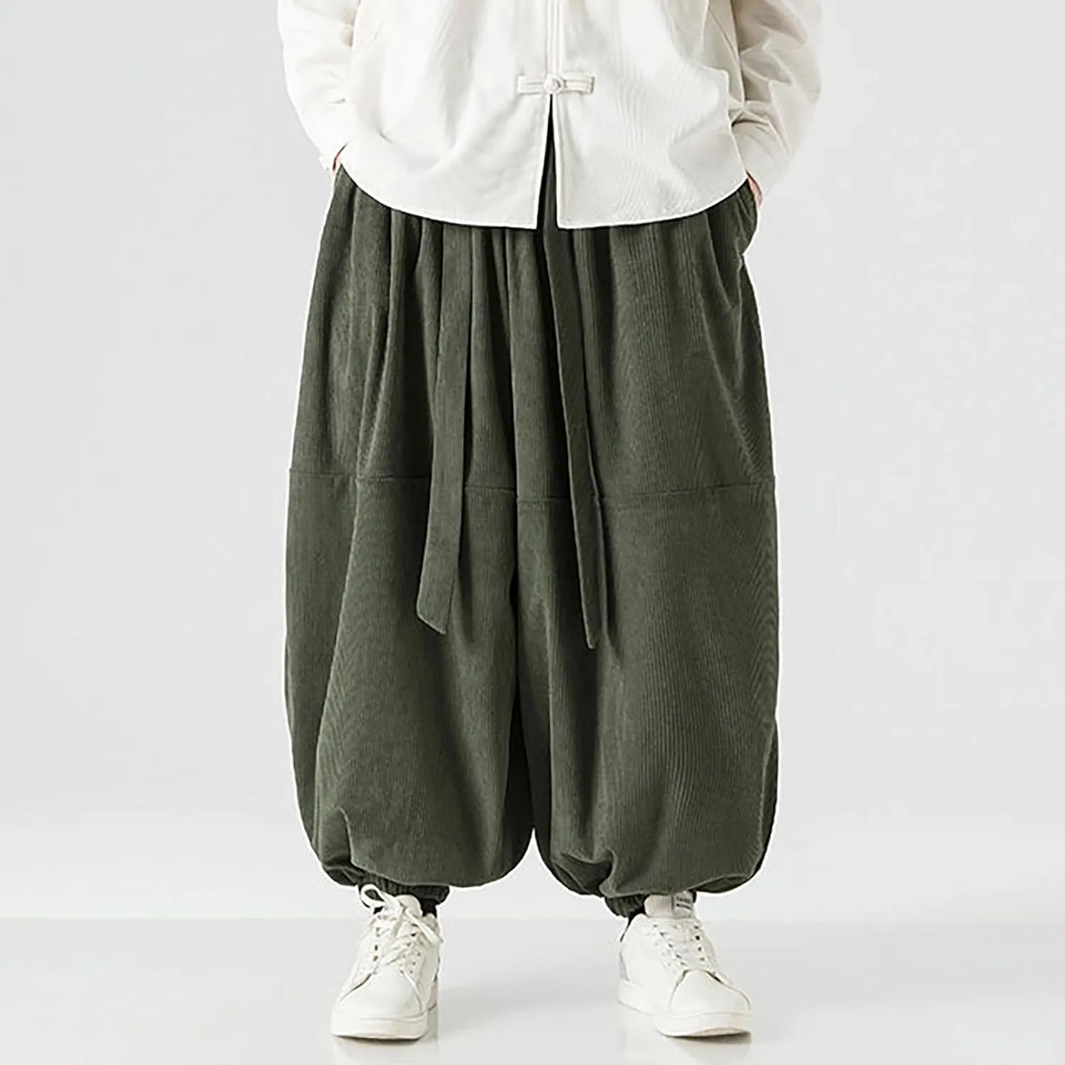 Corduroy Pants Men Baggy Drop Crotch Hippie Harem Pants Casual Loose Boho Joggers Tie Front Japanese Pants Trousers