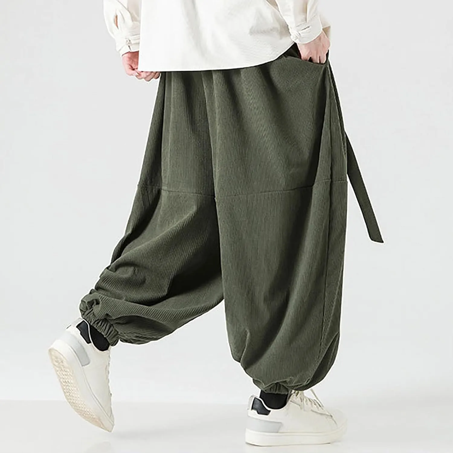 Corduroy Pants Men Baggy Drop Crotch Hippie Harem Pants Casual Loose Boho Joggers Tie Front Japanese Pants Trousers
