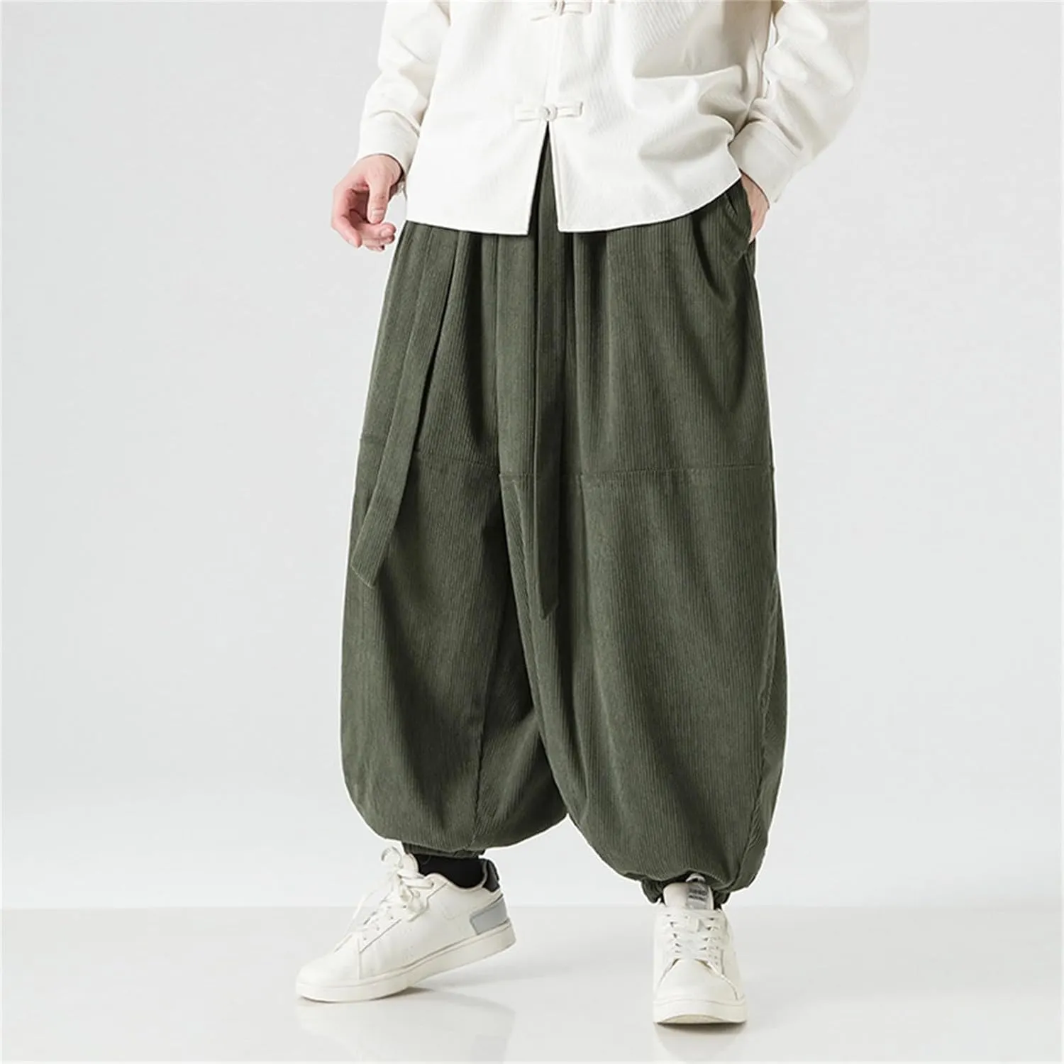 Corduroy Pants Men Baggy Drop Crotch Hippie Harem Pants Casual Loose Boho Joggers Tie Front Japanese Pants Trousers