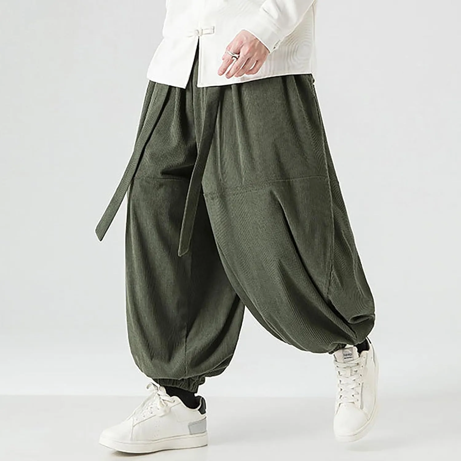 Corduroy Pants Men Baggy Drop Crotch Hippie Harem Pants Casual Loose Boho Joggers Tie Front Japanese Pants Trousers
