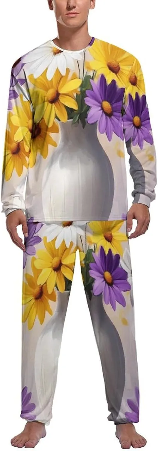 Daisies Flowers Painting Mens Pajamas Set Long Sleeves Sleepwear Loungewear PJ Set Lounge Set Sleep Set