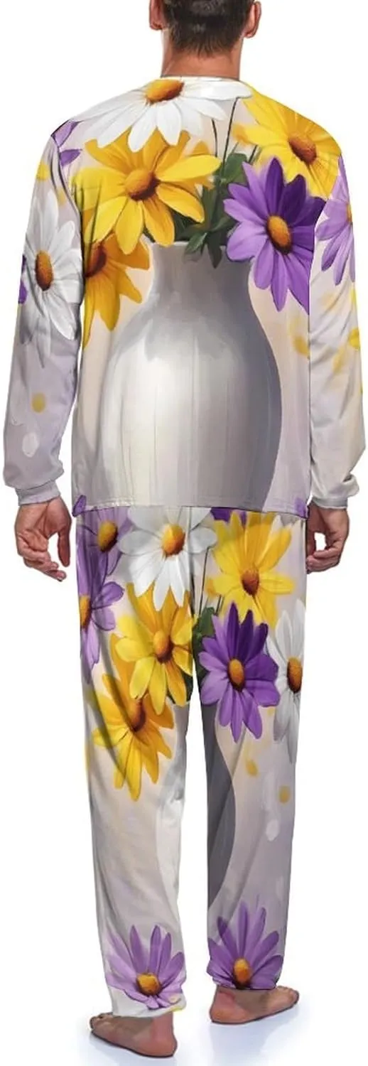 Daisies Flowers Painting Mens Pajamas Set Long Sleeves Sleepwear Loungewear PJ Set Lounge Set Sleep Set