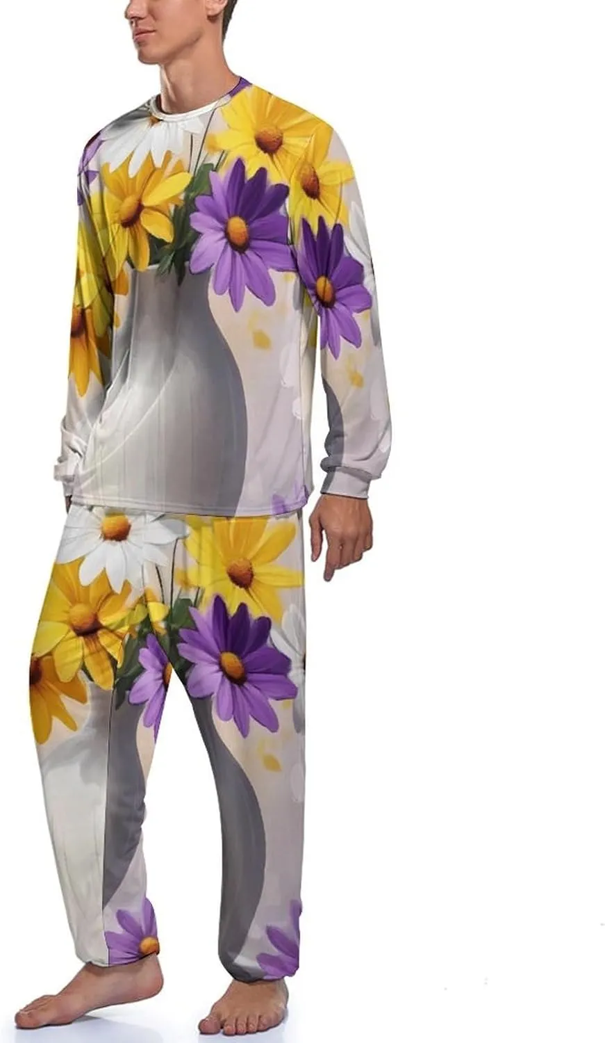 Daisies Flowers Painting Mens Pajamas Set Long Sleeves Sleepwear Loungewear PJ Set Lounge Set Sleep Set