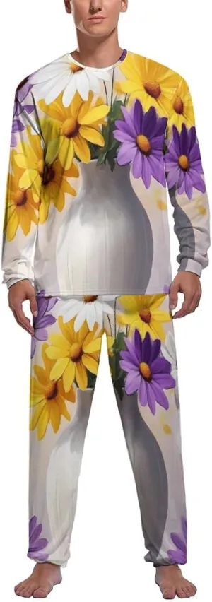 Daisies Flowers Painting Mens Pajamas Set Long Sleeves Sleepwear Loungewear PJ Set Lounge Set Sleep Set