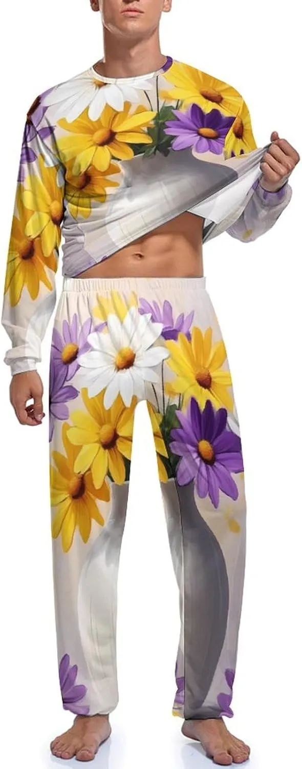 Daisies Flowers Painting Mens Pajamas Set Long Sleeves Sleepwear Loungewear PJ Set Lounge Set Sleep Set