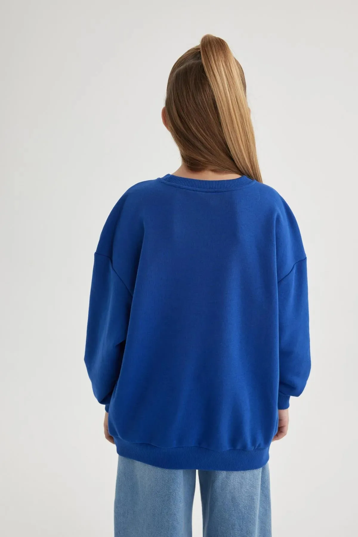Defacto Girl's Blue Relax Fit Crew Neck Sweatshirt