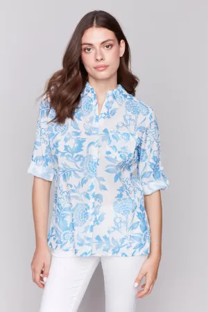 DENIM FLORAL TAB SLEEVE BLOUSE