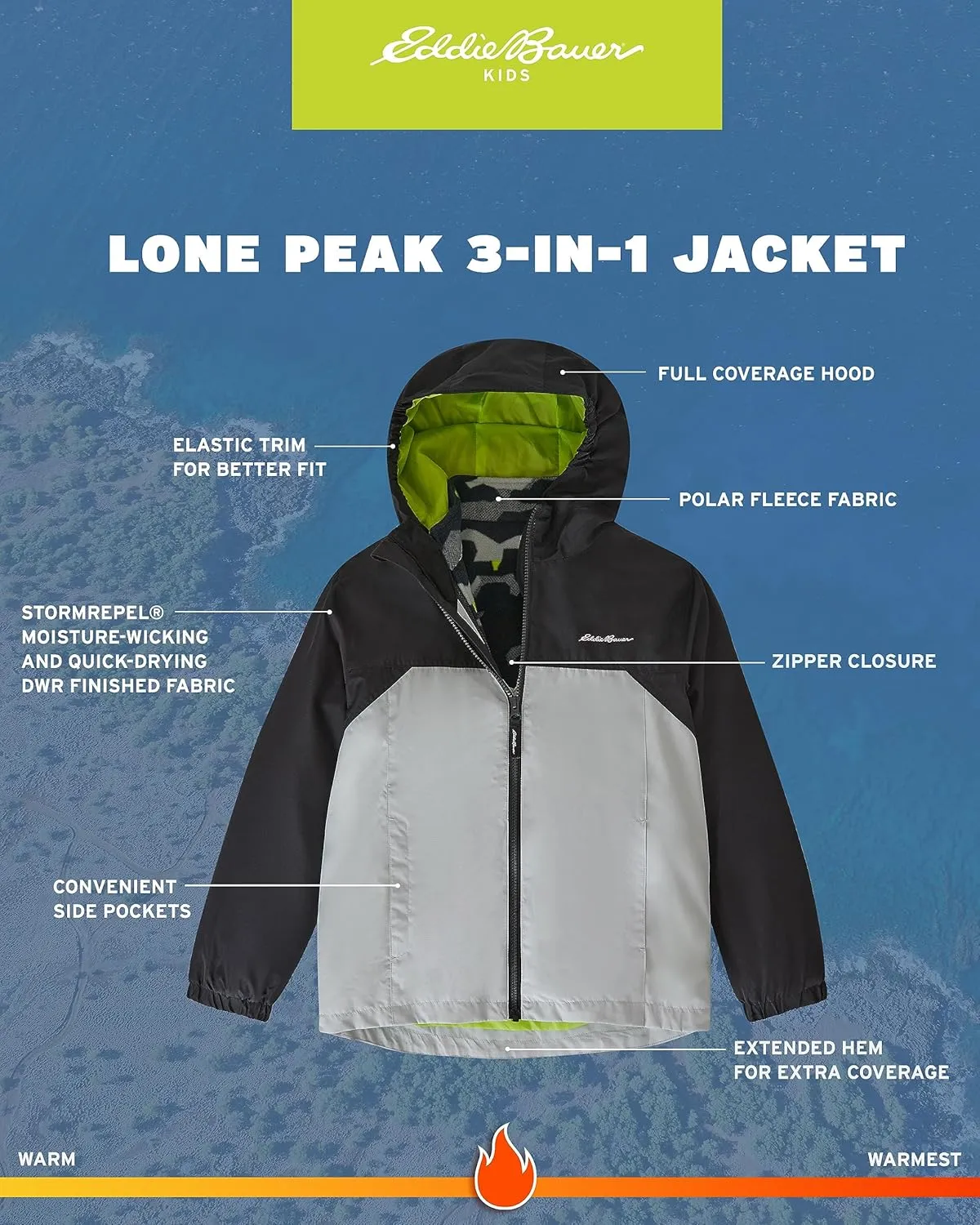 Eddie Bauer Boys' Jacket - Lone Peak Waterproof 3-in-1 Insulated Windbreaker Coat with Removable Fleece Lining (5-20)