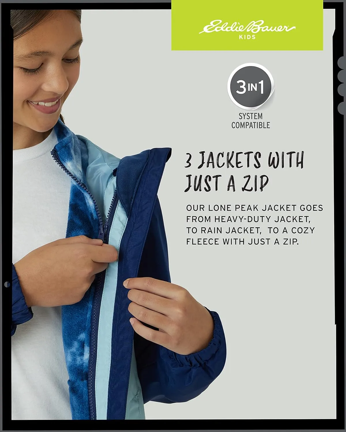 Eddie Bauer Girls' Rain Jacket - Lone Peak Waterproof 3 in 1 Insulated Windbreaker Coat with Removable Fleece Lining (5-20)