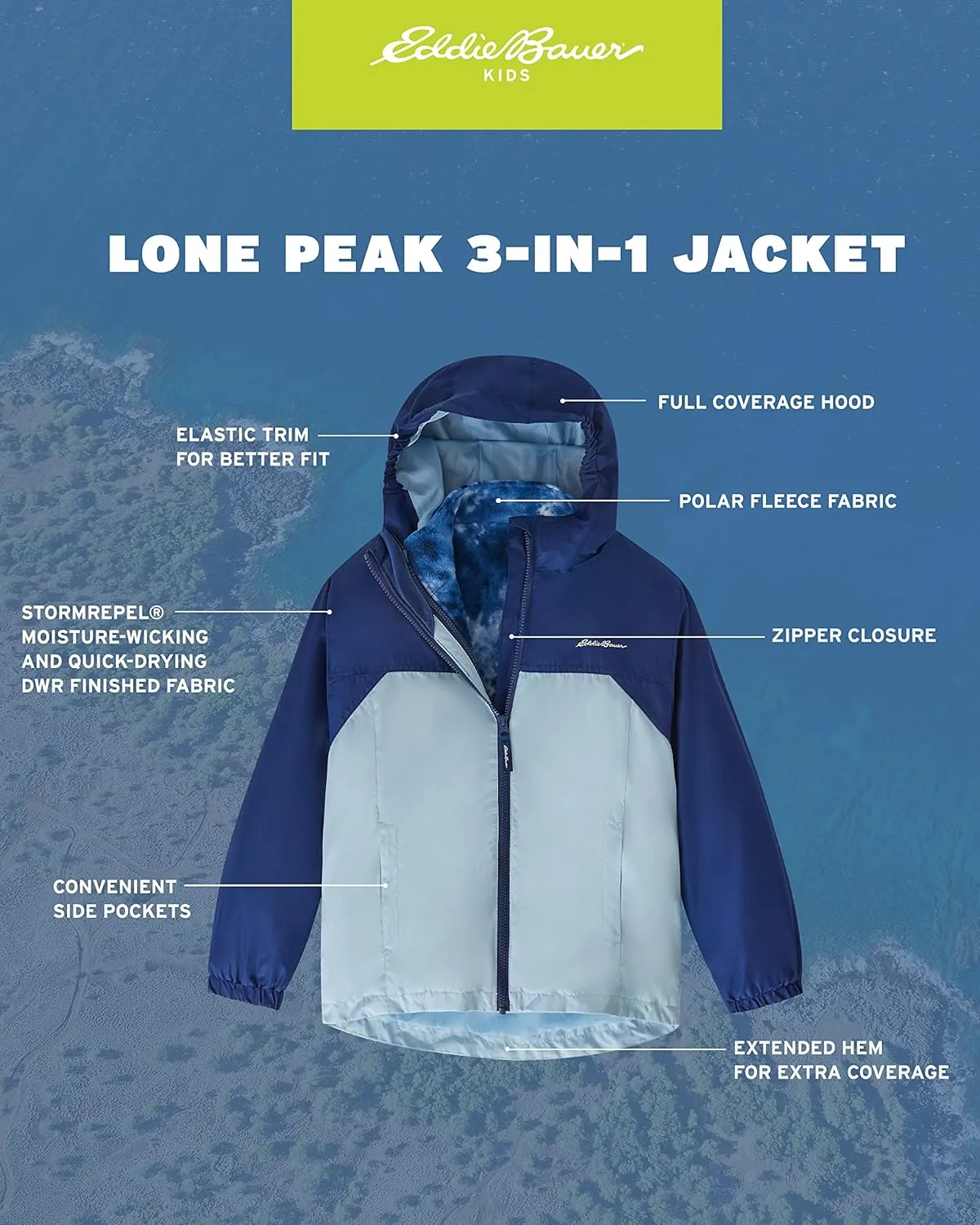 Eddie Bauer Girls' Rain Jacket - Lone Peak Waterproof 3 in 1 Insulated Windbreaker Coat with Removable Fleece Lining (5-20)